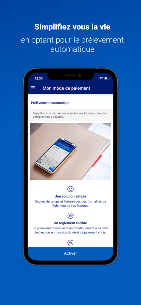 Uma tela de aplicativo móvel para EDF Dom e Corse mostrando a interface de ativação de pagamento automático com uma descrição simplificada de liquidação de contas