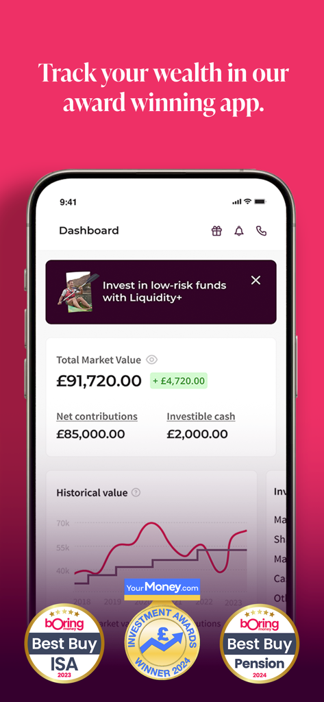 Moneyfarm: Investing & Saving - Moneyfarm-App-Dashboard mit dem Gesamtmarktwert und einer Grafik zum historischen Vermögenswachstum.