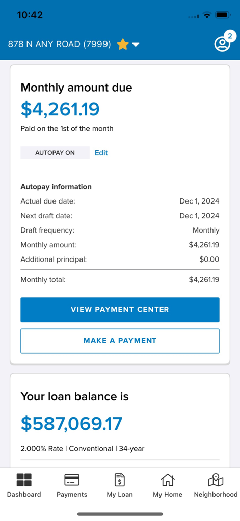 MortgageQuestions - MortgageQuestions app dashboard showing monthly payment and loan balance details