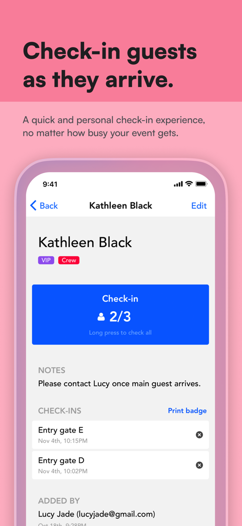 Guestlist: Guest List App - Interfaz de la aplicación Guestlist mostrando un perfil de invitado con etiquetas VIP y un botón de check-in fácil para los organizadores del evento.