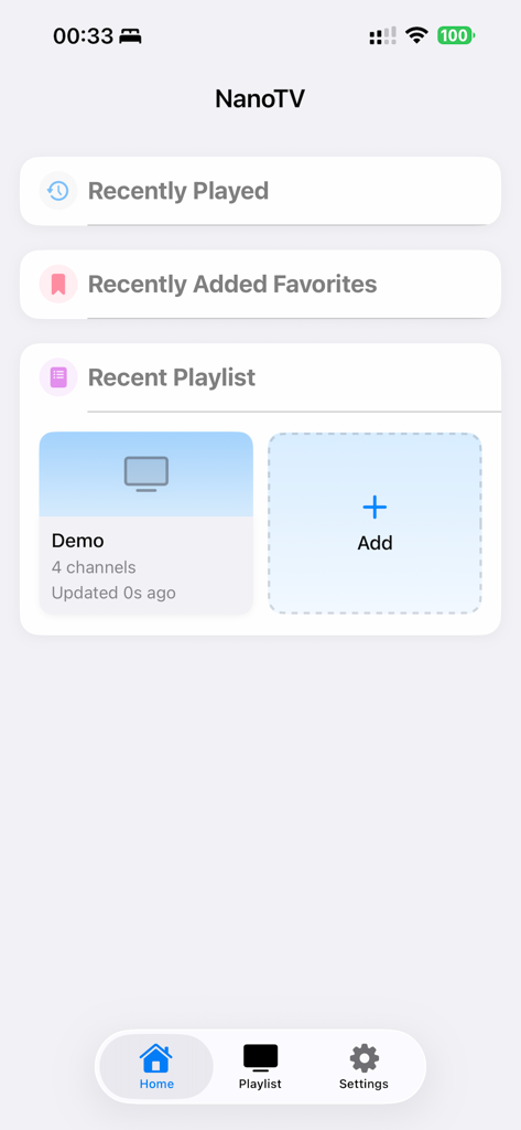 NanoTV - NanoTV app home screen showing recent playlists and favorites