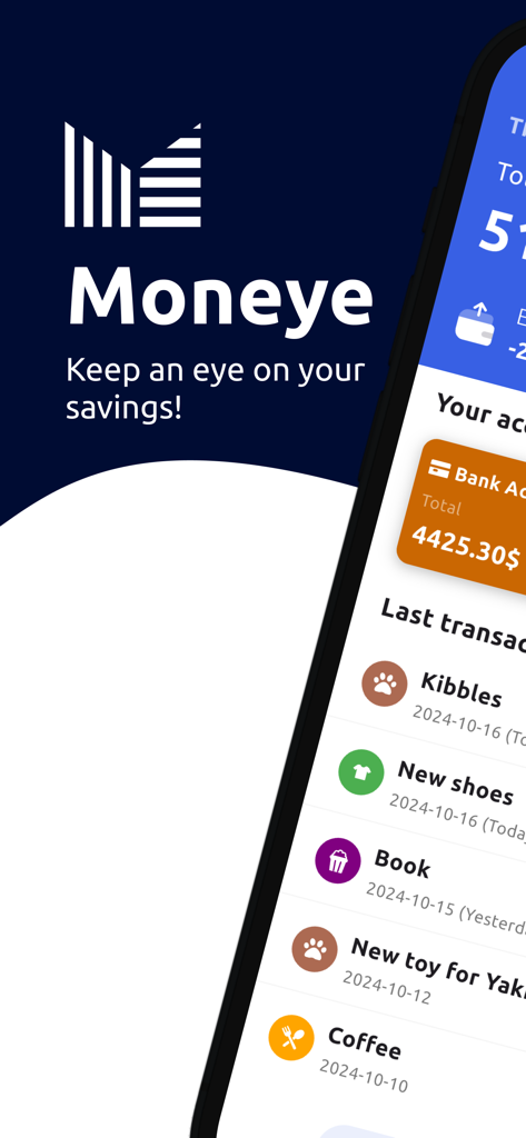 Moneye - Money Manager - Moneye app dashboard showing account balance and recent transaction history