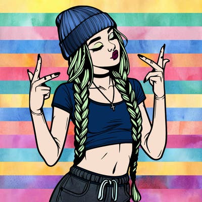 realistic teenage girl with braids and a beanie and crop top doing 🫶🏼