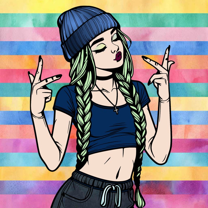 realistic teenage girl with braids and a beanie and crop top doing 🫶🏼