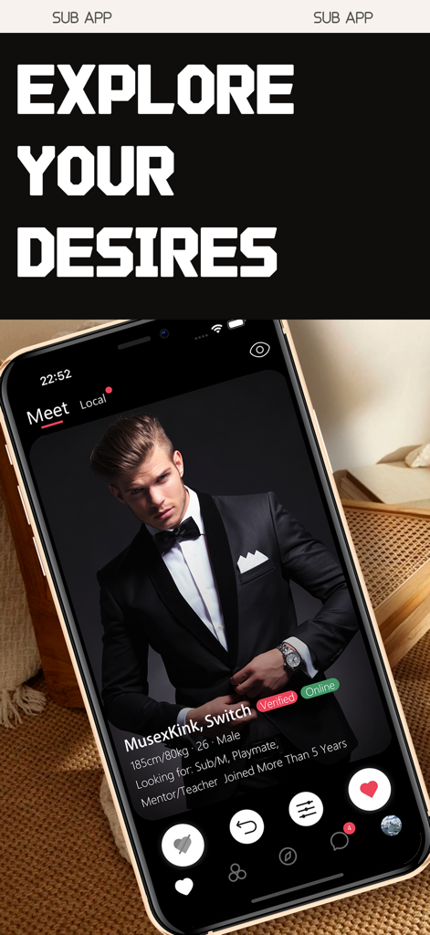 Pantalla de smartphone que muestra un perfil de usuario en la aplicación social Sub bajo el encabezado Explora Tus Deseos