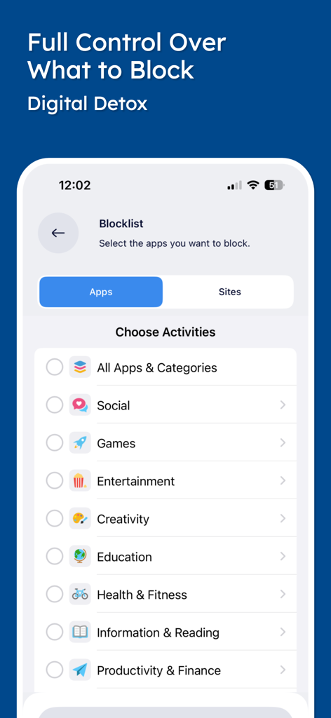 Stay Focused App/Site Blocker - Interfaz de la aplicación Stay Focused mostrando una lista de categorías de aplicaciones para bloquear para una desintoxicación digital