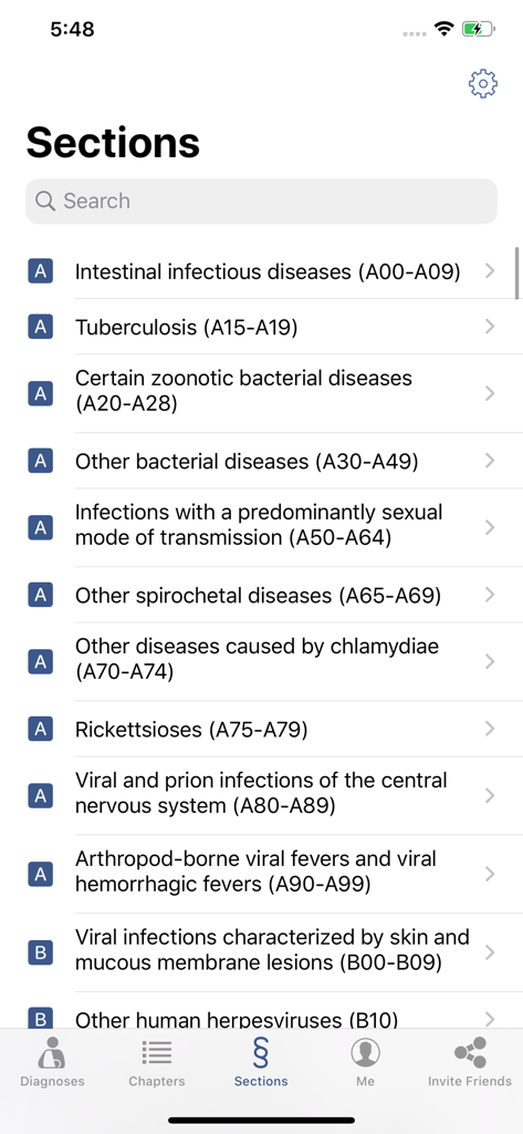 A list of disease categories and their corresponding ICD-10 CM code ranges within the medical reference app