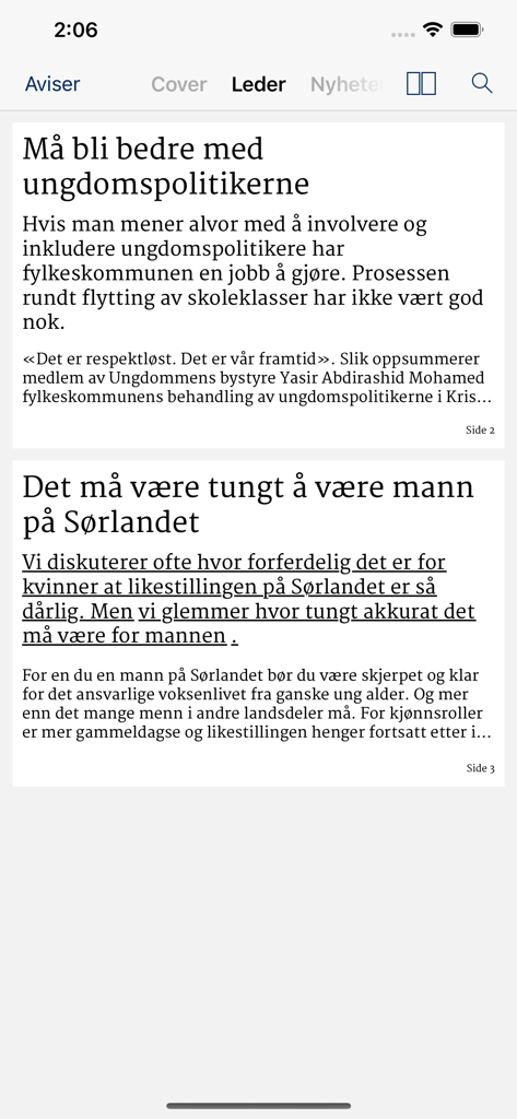 Fædrelandsvennen eAvis - Sección editorial de la aplicación Fædrelandsvennen eAvis con artículos de noticias en noruego