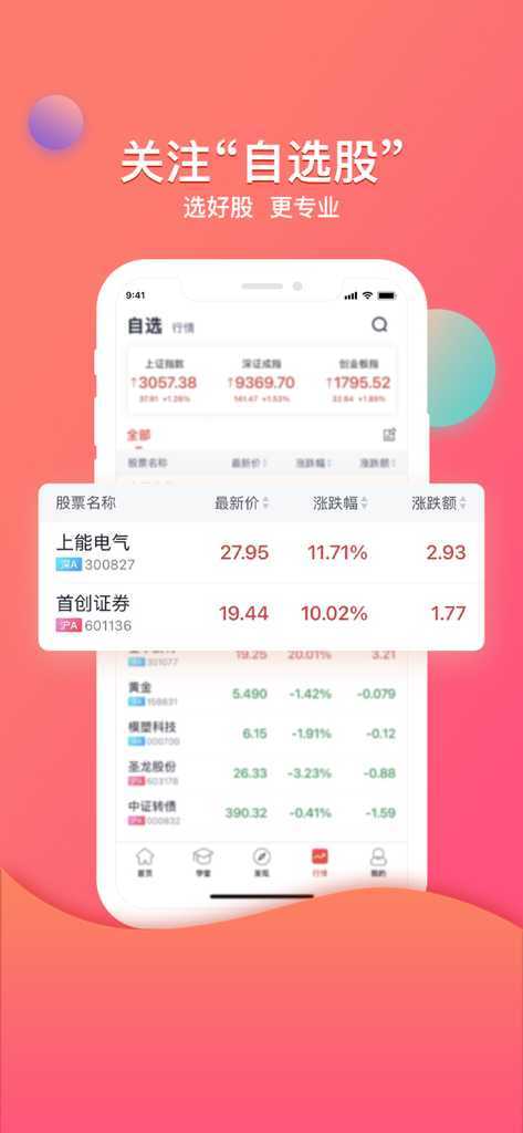 众赢财富通 - 中国語での厳選された株式ウォッチリストとリアルタイム市場データを示す众赢财富通投資アプリのモバイルインターフェイス。