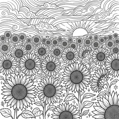 Capture the serene beauty of a sunflower field bathed in the warm glow of a setting sun with this intricate coloring page. Perfect for nature lovers and those seeking a peaceful, creative escape.