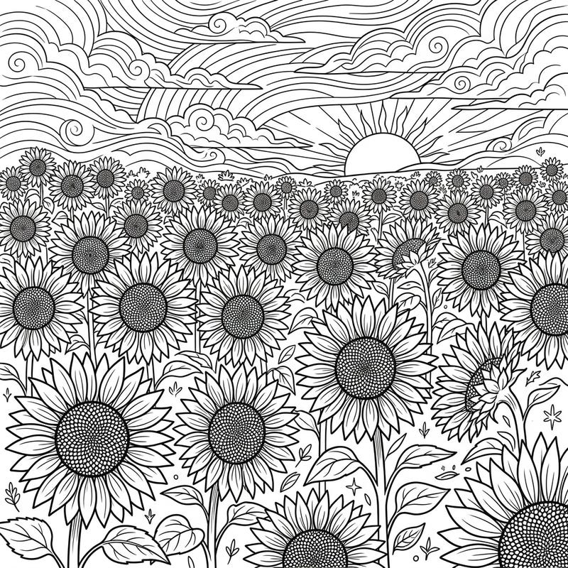 Capture the serene beauty of a sunflower field bathed in the warm glow of a setting sun with this intricate coloring page. Perfect for nature lovers and those seeking a peaceful, creative escape.