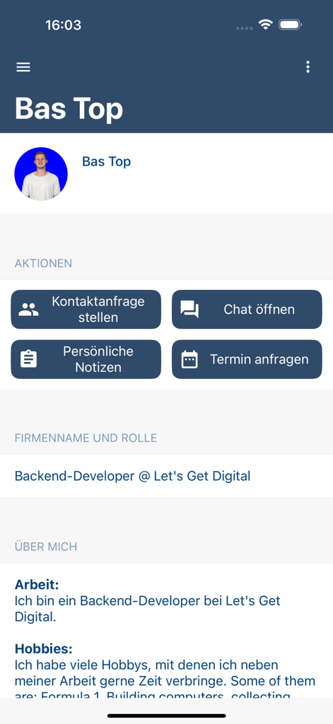 User profile screen in the FI-TS Events app showing contact and networking options