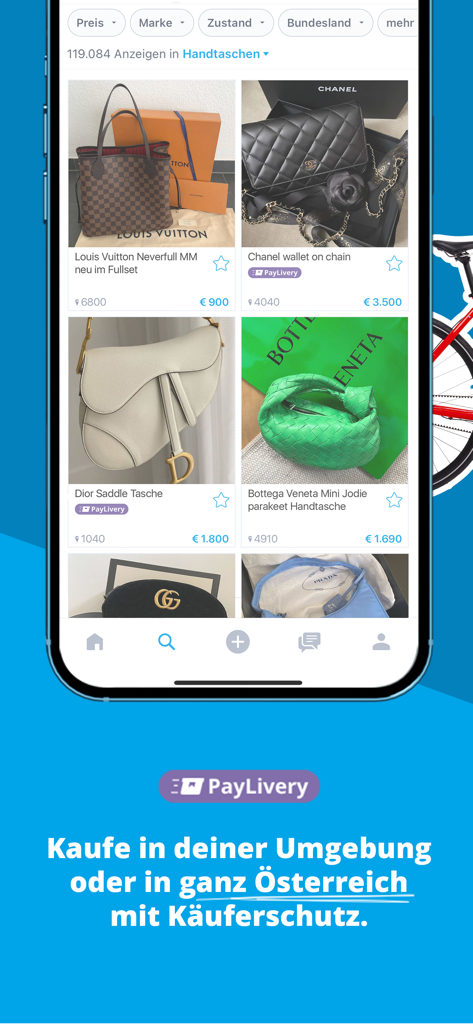 willhaben - Screenshot of the willhaben app displaying luxury handbag listings with the PayLivery buyer protection feature