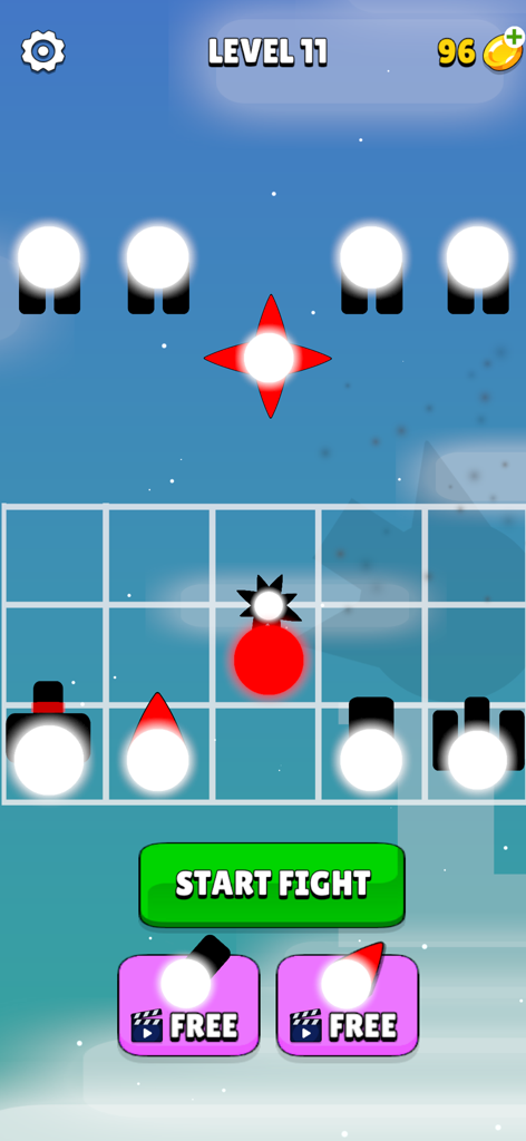 Fighter Merge mobile game interface showing level eleven with units on a grid and a start fight button