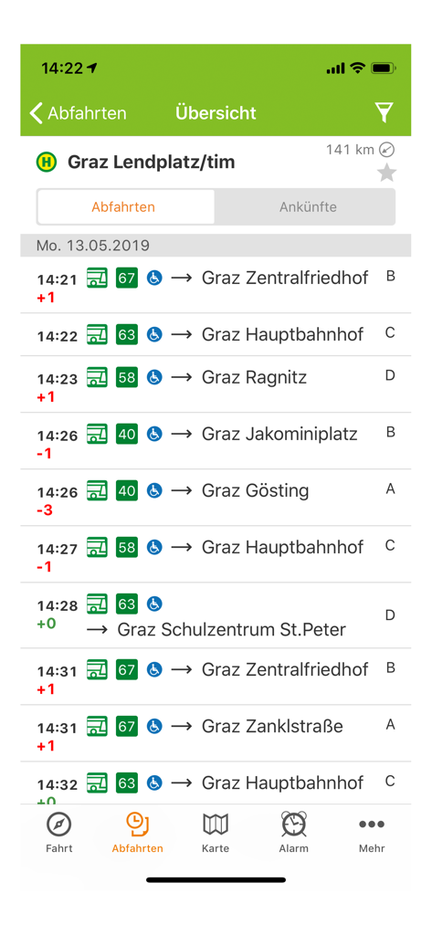Real-time bus departure list for Graz Lendplatz in the BusBahnBim app