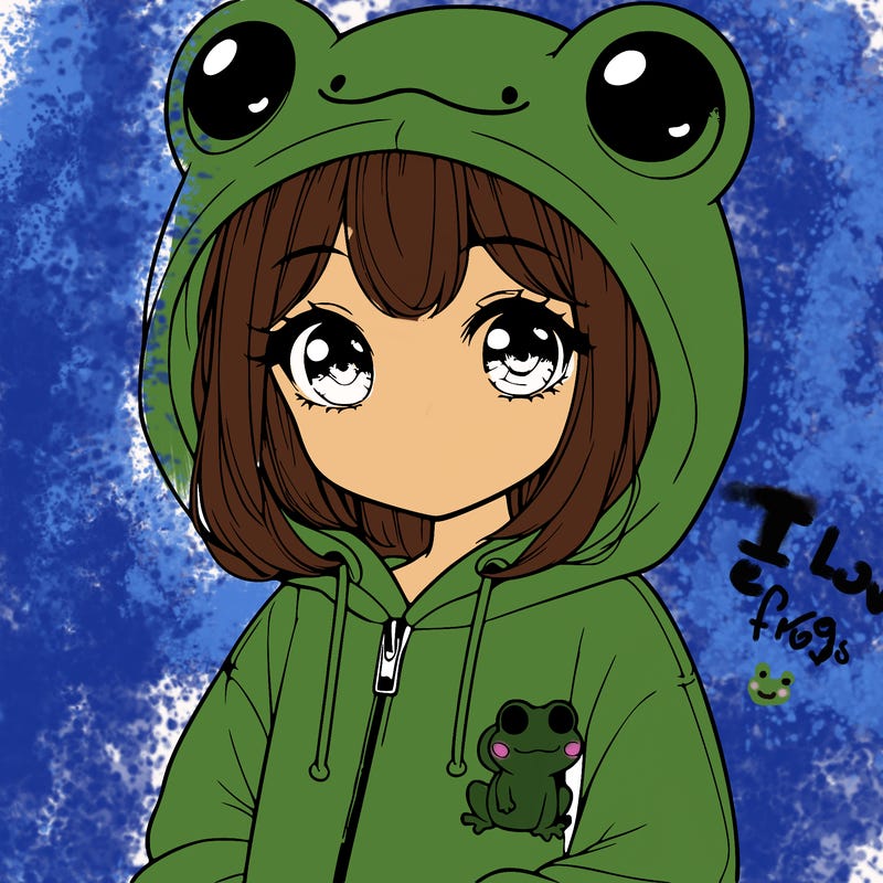 cute realistic girl in a froggy hoodie