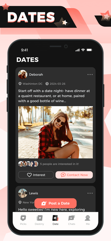 Mobile app interface showing the Dates feature on KinkLife where users post social activities and meetups