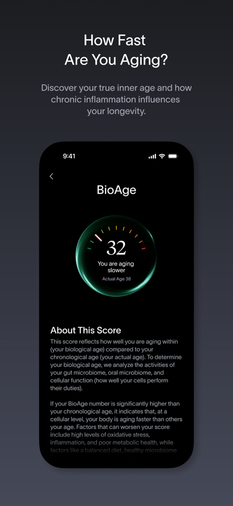 Viome - Smartphone screen showing the Viome app BioAge feature with a biological age score of 32