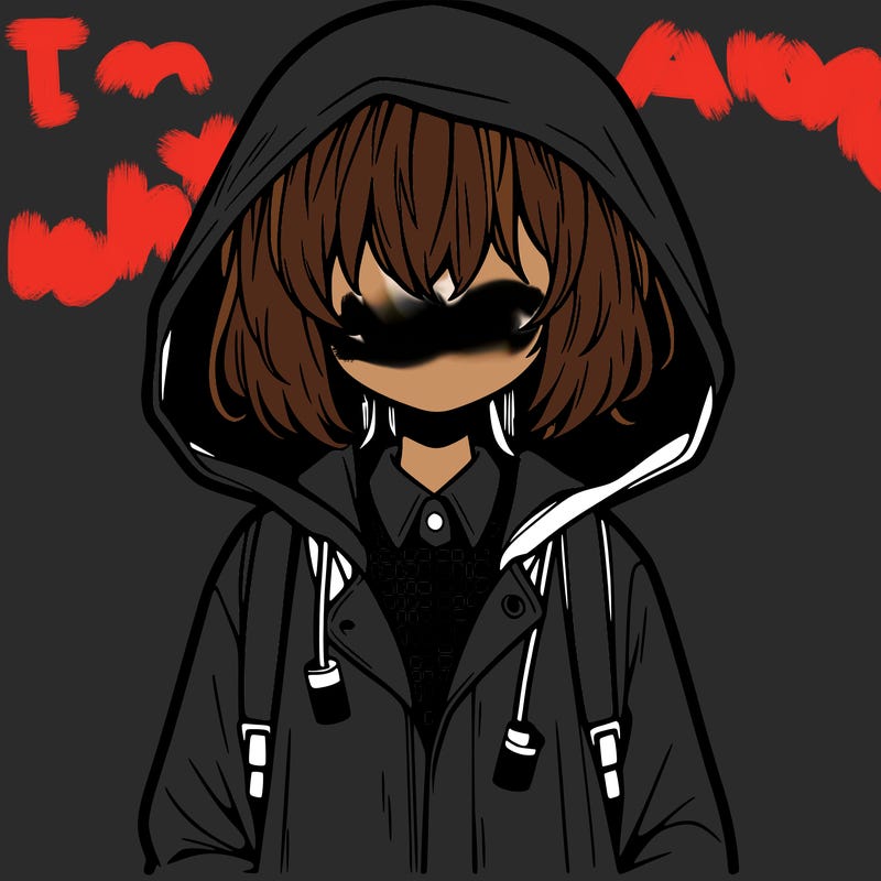 little anime girl in a raincoat her hair is covering her eyes she has a lighter