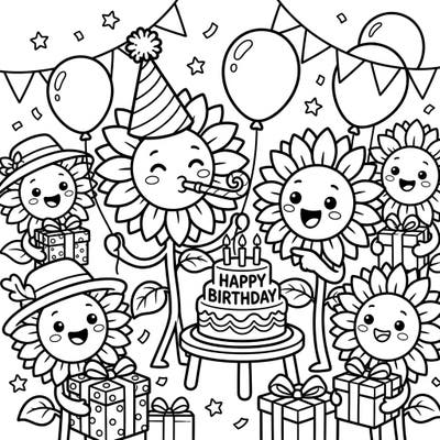 Join these charming dwarf sunflowers as they throw the ultimate birthday bash! This delightful coloring page is packed with festive fun, perfect for bringing smiles and vibrant colors to any celebration.
