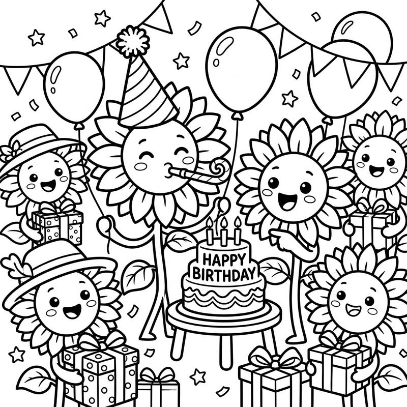 Join these charming dwarf sunflowers as they throw the ultimate birthday bash! This delightful coloring page is packed with festive fun, perfect for bringing smiles and vibrant colors to any celebration.