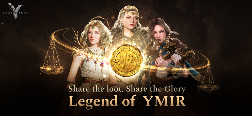 Legend of YMIR - Três personagens femininas nórdicas em pé atrás de uma moeda de ouro e balanças na arte do jogo Legend of YMIR