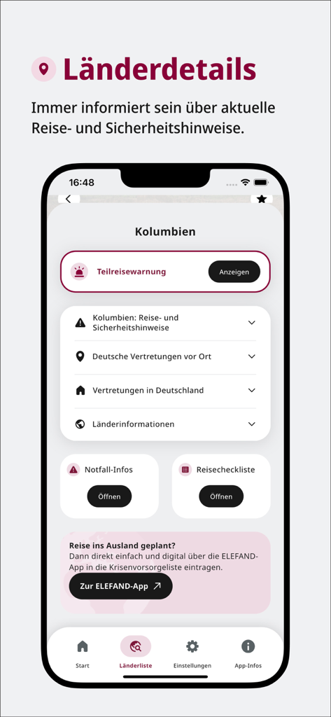 Interfaccia dell'app Sicher Reisen che mostra dettagli sulla sicurezza di viaggio e avvisi per la Colombia