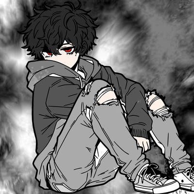 a male hoddie ripped jeans messy hair anime