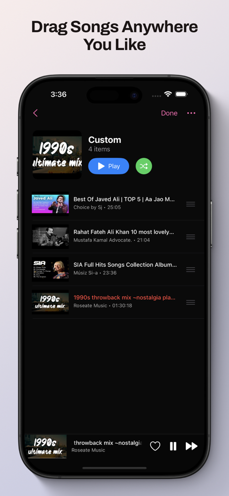 Offline Music Tube Browser - A mobile app interface displaying a custom music playlist with drag and drop functionality