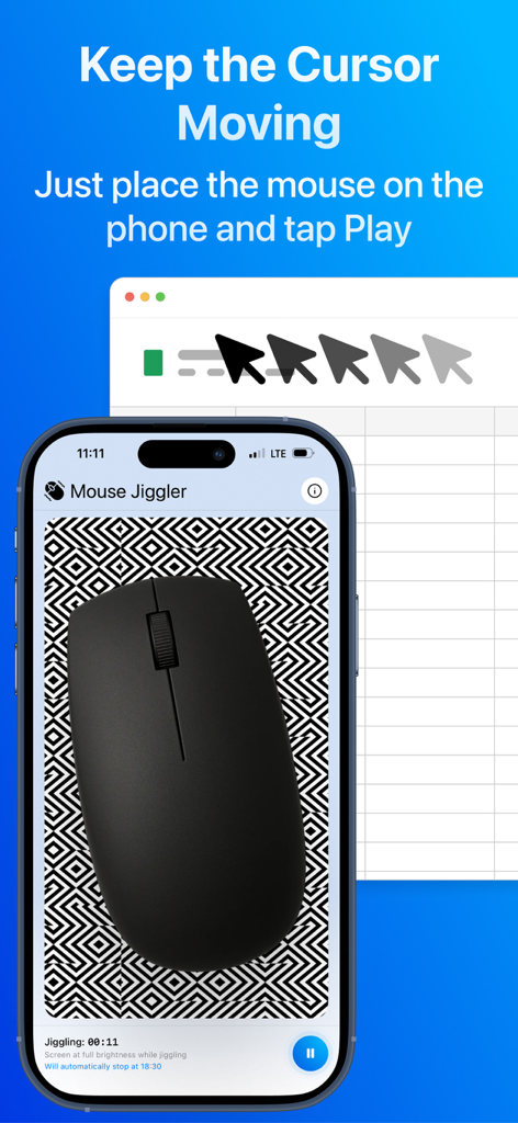 Mouse Jiggler – Cursor Mover - A physical computer mouse placed on an iPhone screen displaying a geometric pattern from the Mouse Jiggler app to simulate cursor movement on a computer screen.