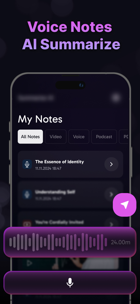 AI Note Taker app displaying the voice notes dashboard with AI summarize feature