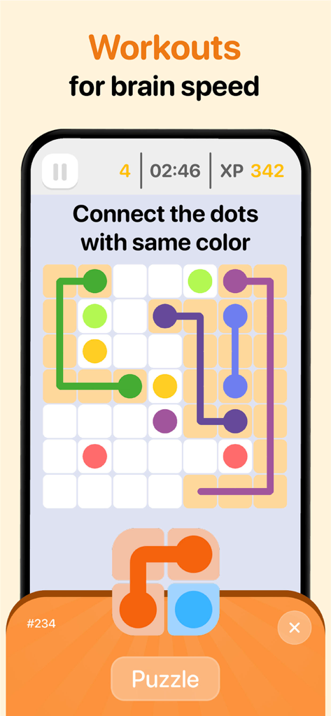 Thinky: Brain Training - Thinky brain training app screen showing a puzzle game to connect dots of the same color for cognitive speed workout.