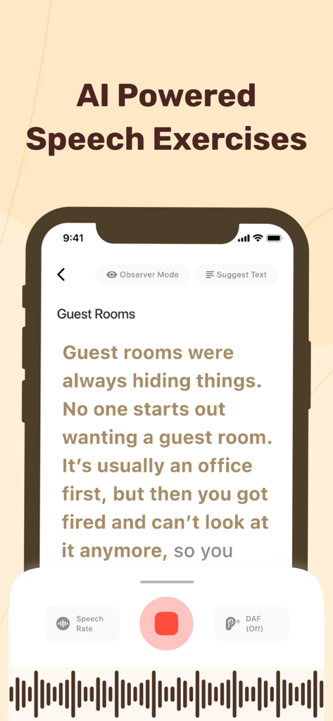Stamurai: Stuttering Treatment - Stamurai app screen showing AI powered speech exercises with a reading passage and recording controls
