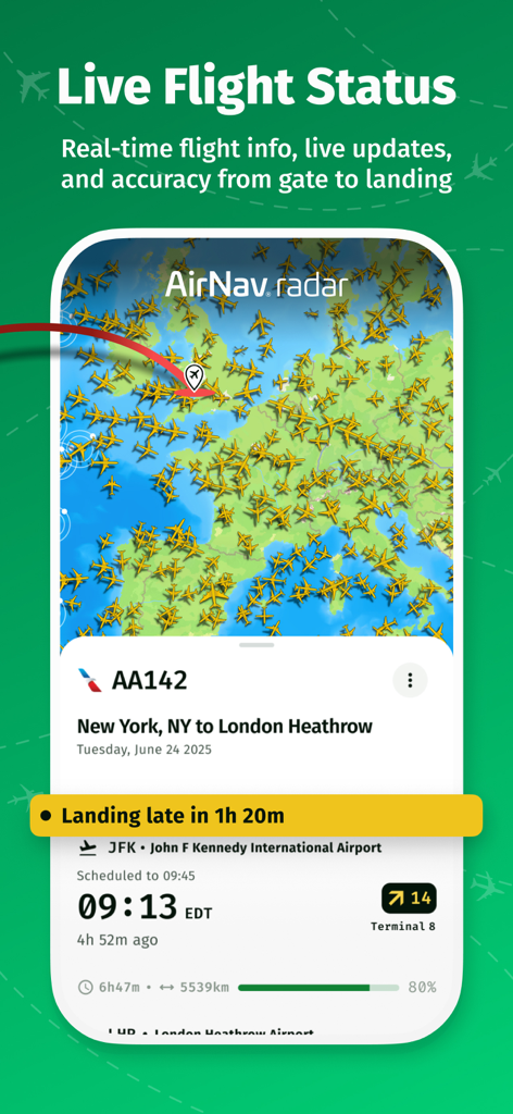 AirNav Radar app displaying live flight status for AA142 from New York to London with a real-time airplane map