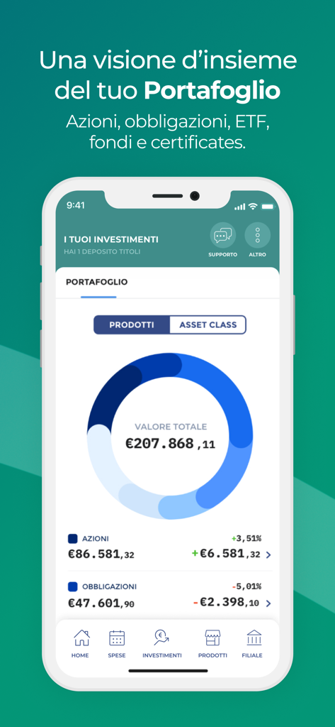YouApp - Banco BPM - Aperçu d'un portefeuille d'investissement sur l'interface bancaire mobile YouApp montrant la répartition des actifs
