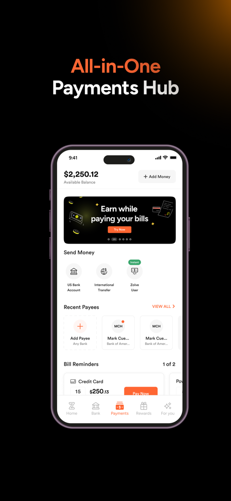 Zolve - Global Banking - Zolve mobile banking app payments hub interface with international transfer options