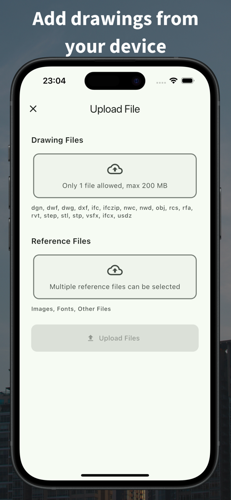 VinaCAD - View & Edit DWG - VinaCAD mobile app screen showing the upload interface for drawing and reference files.