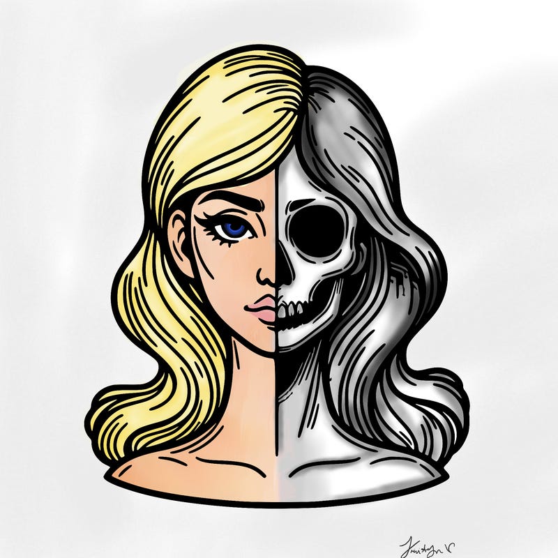 bust of a woman, half face and hair, half skull