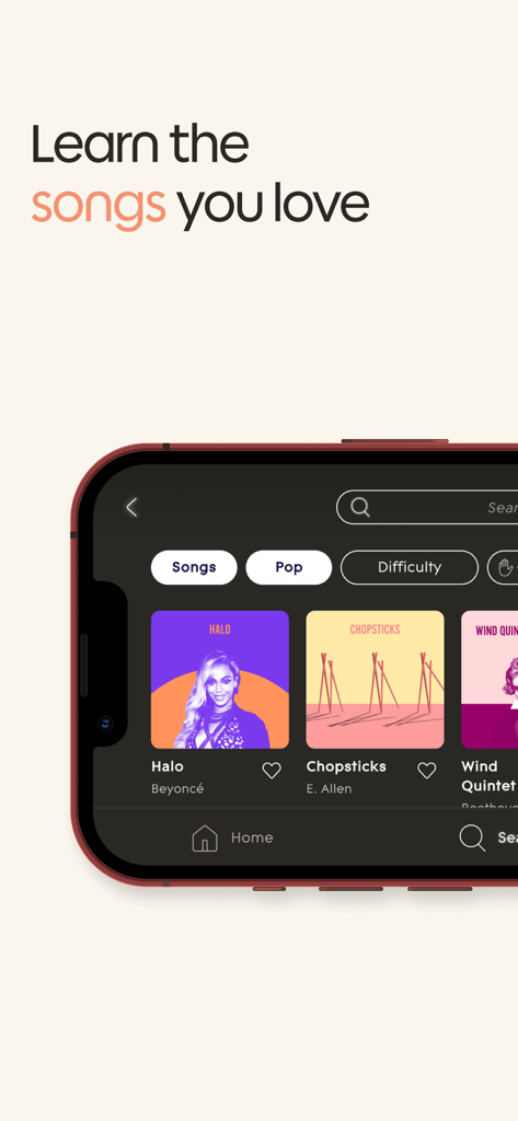 Interfaz de la aplicación ROLI Learn mostrando una biblioteca de canciones populares para aprender piano