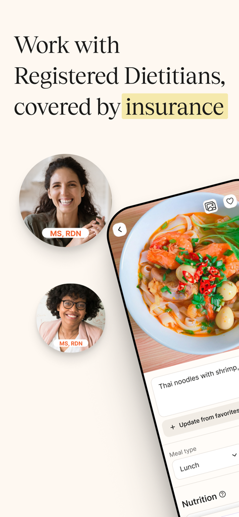 Nourish: Eating Well Made Easy - Interfaccia dell'app Nourish che mostra dietologi registrati e una funzione di tracciamento dei pasti per noodles thailandesi