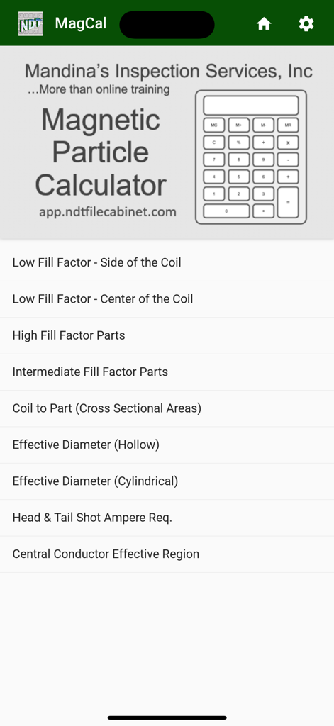 MagCal - NDT - Main menu of the MagCal NDT app showing a list of magnetic particle inspection calculations and formulas