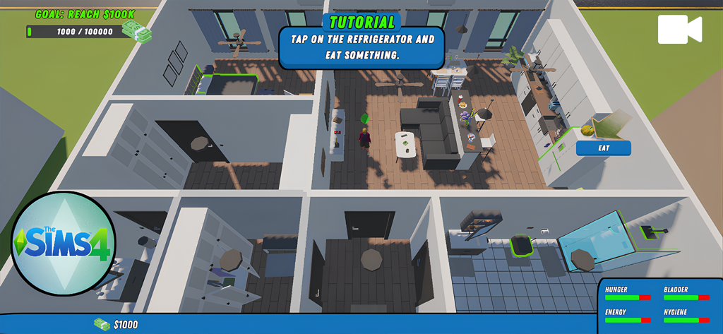 심즈 4 모바일 모드 게임의 집 내부를 위에서 내려다본 모습, 캐릭터 및 상태 표시줄 포함