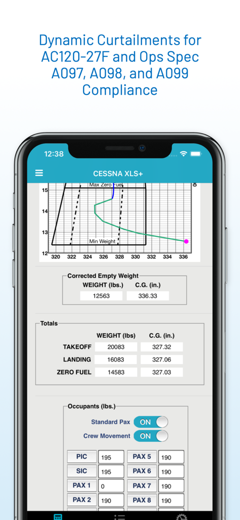 iFly Weight and Balance app interface for Cessna XLS showing CG envelope and occupant weights