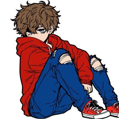 a male hoddie ripped jeans messy hair anime