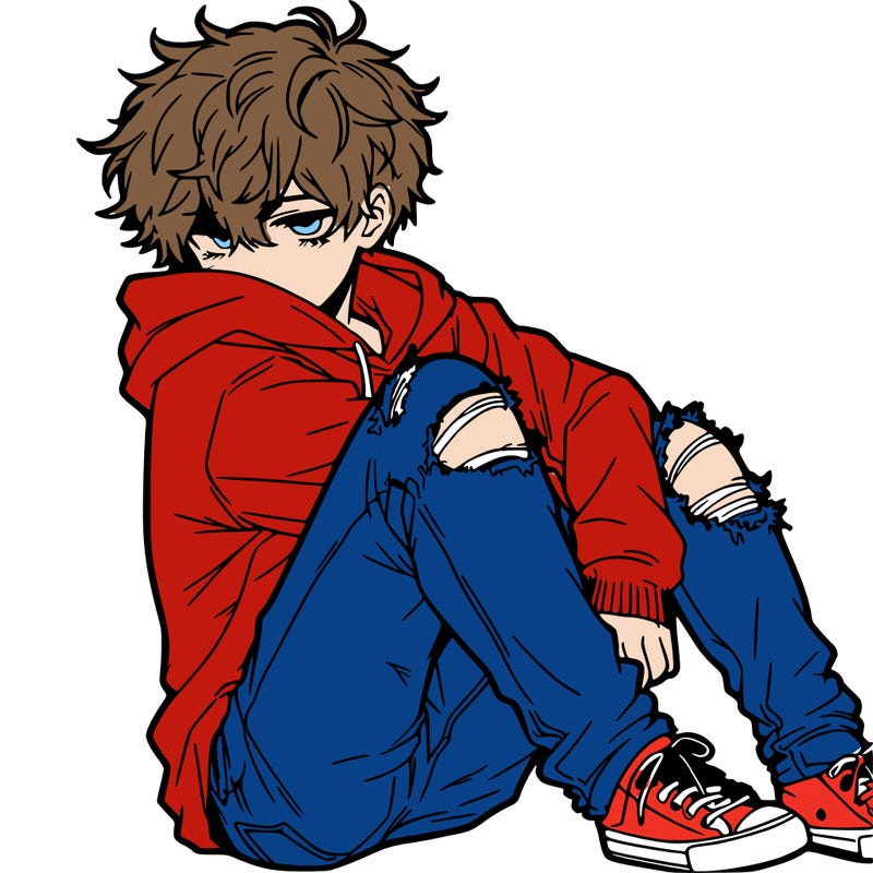a male hoddie ripped jeans messy hair anime