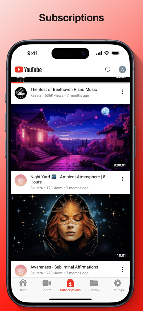 A screenshot of the Enhancements For YouTube app showing the Subscriptions feed on an iPhone.
