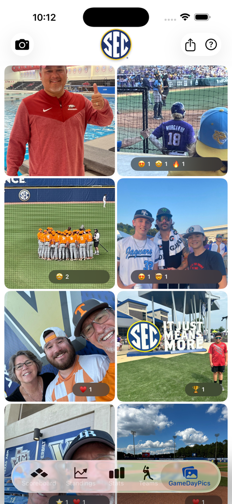 SEC Baseball - SEC Baseball app Game Day Pics screen featuring fan shared photos of games and stadiums