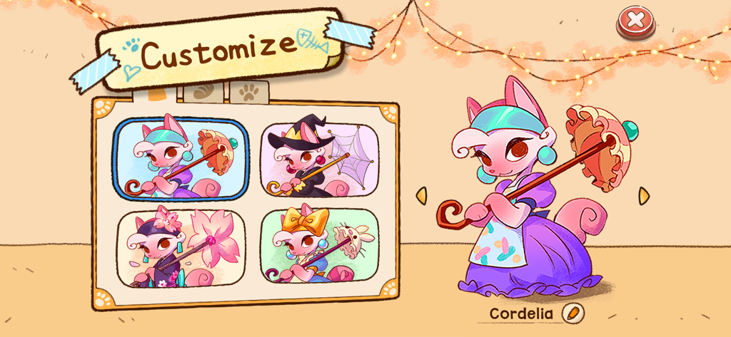 Campfire Cat Cafe - A character customization screen in Campfire Cat Cafe featuring various cute outfits for the pink cat Cordelia