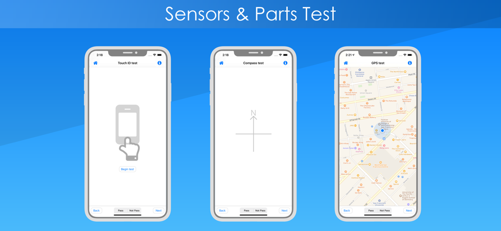 Test & Check for iPhone - Hardware diagnostic tests for iPhone showing Touch ID compass and GPS checks