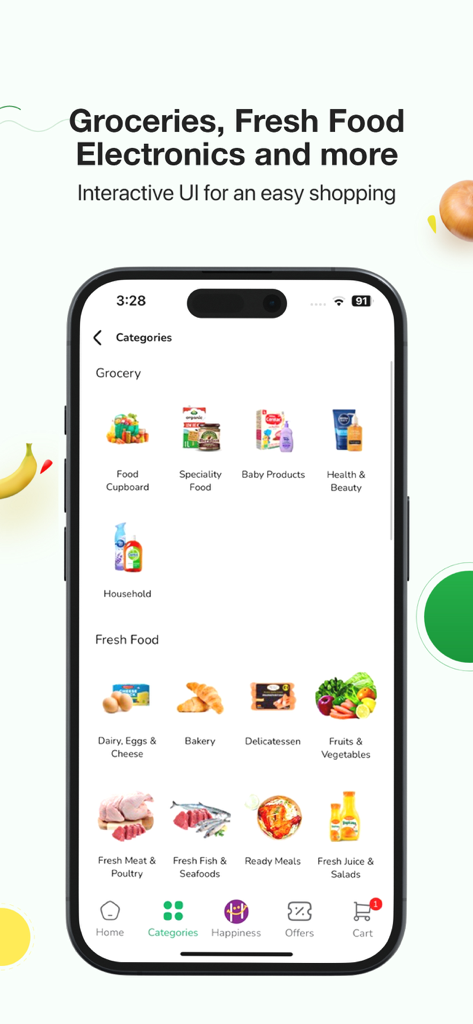 LuLu Online mobile app display showing grocery and fresh food categories on a smartphone screen.
